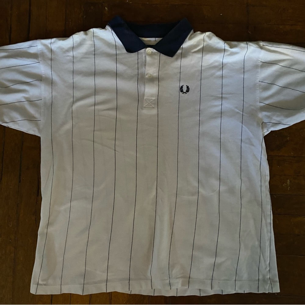 VINTAGE 80s FRED PERRY Navy Blue & White Large / XL Polo Shirt